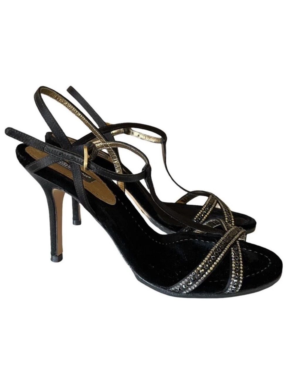 Dolce & Gabbana black velvet rhinestone embellished strappy open toe heels 40